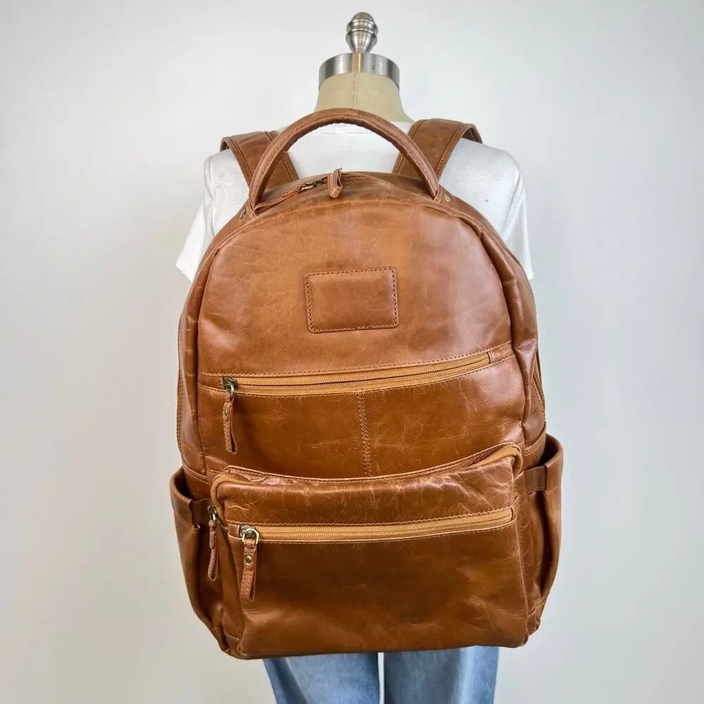 Genuine Leather Laptop Travel Backpack with Trolley Strap for Suitcase